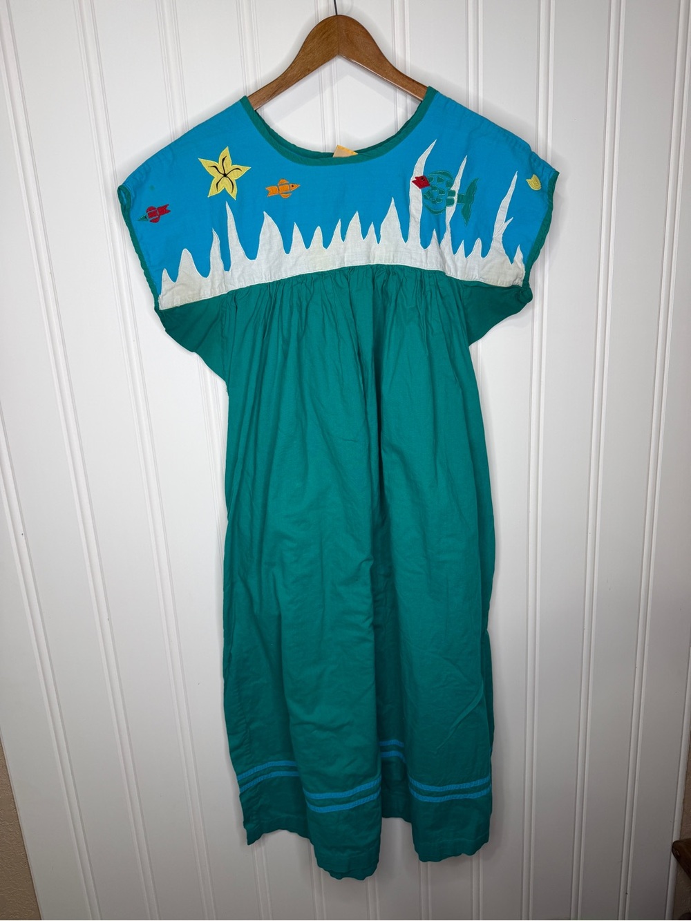 Vintage Sea Wind 1X Teal Cotton Nautical Applique Maxi Muumuu Dress Made India